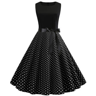 

Vintage Sleeveless Dot Print Bandage Dress Women O-neck Tunic Swing Dresses