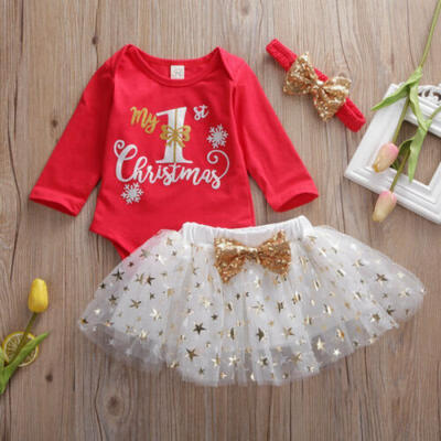 

My 1st Christmas Baby Girls Romper TopsTulle Dress Outfits Set Clothes