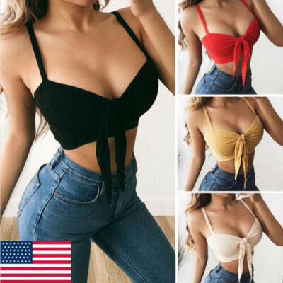 

Women Deep V Neck Bandage Flared Sleeve Crop Top Tie Front Top Blouse T Shirt US