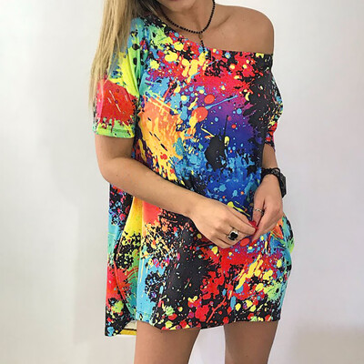 

Starmoon Women T-shirt Short Sleeve Skew Collar Tie Dyeing Printed Casual Long Blouse