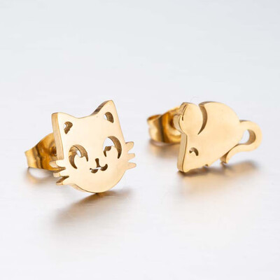 

1 Pair Creative Asymmetry Cartoon Cat Mouse Stainless Steel Stud Earring Women