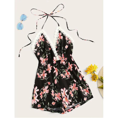

Starmoon Women V-neck Sleeveless Lace Patchwork Backless Beach Jumpsuit