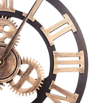 

40cm 3D Gear Design Roman Numeral Wall Clock Living Room Hotel Decoration Non-ticking Wooden Large Clock