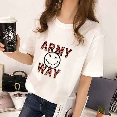 

Tee Shirt Femme Womens Korean Style Round Neck Cartoon & Letters women tshirt Print Half Sleeve Loose T-Shirt