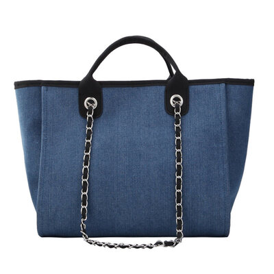 

Simple Solid Color Large Capacity Tote Pouch Women Chain Zip Shoulder Canvas Bag