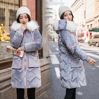 

Toponeto Women Fashion Outerwear Long Gold Velvet Cotton-padded Jacket Pocket Hooded Coat