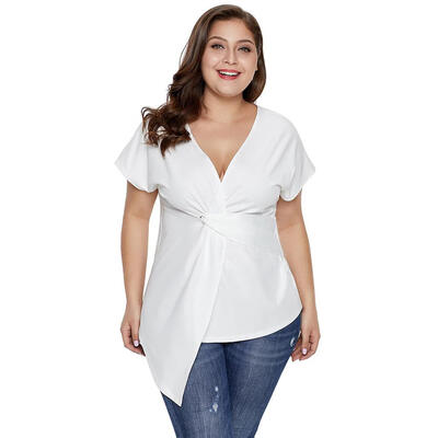 

Loose Solid Color Irregular Knot V-neck Tops Women Short Sleeve T-shirt