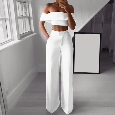 

Tailored Women Fashion Solid Cold Shoulder Ruffle Shirt Button Zipper Wide Leg Pant Suit