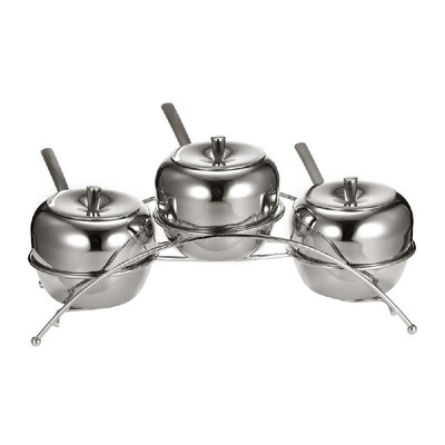 

3 in 1 Stainless Steel Seasoning Pots Salt Boxes Sugar Bowel Condiment Caddies Container Holder Set with 3 Spoons Lids Arched Rack