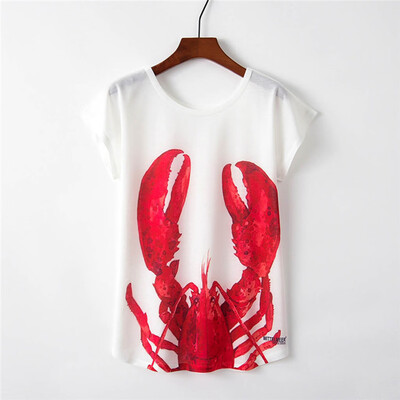 

Nomeni Womens Lobsters Print Short Sleeve Loose T-Shirt Blouse