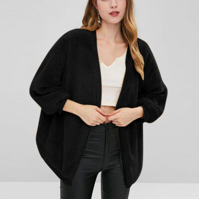 

Toponeto Womens Fashion Round Neck Solid Color Loose Plush Pocket Cardigan Coat