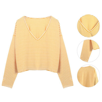 

Autumn Women Deep V-Neck Pinstripe Tops 2019 New Fashion Long-Sleeve T-Shirt Casual Loose Short Top Tees -XL