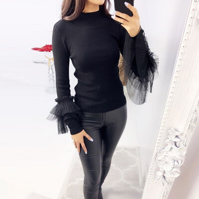 

Womens mesh half-high collar slim solid color shirt
