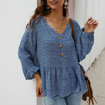 

Tailored Women Fashion Floral Print Long Sleeve V-Neck Button Casual Top T-Shirts Blouse