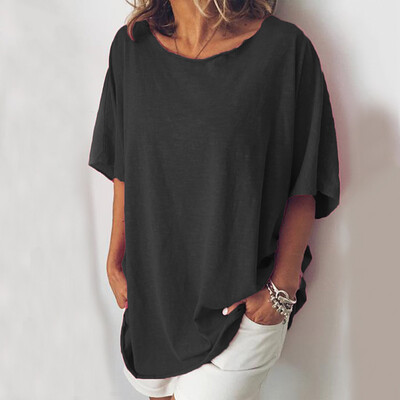 

Womens Summer Tops Solid Color Round Neck Casual Short Sleeve Loose T-Shirts