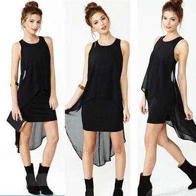 

Summer Women Casual Black Sleeveless Dress Chiffon Cocktail Solid Dresses