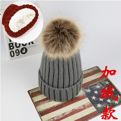 

Hat female winter Korean version versatile student imitation raccoon dog fox ball wool cap thickened Plush knitted pullover cap