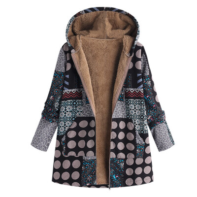 

Toponeto Plus Size Women Hooded Long Sleeve Cotton Linen Fluffy Fur Zipper Coat Outwear