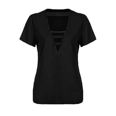 

Sexy t shirt women Deep V tshirt women Hollow Solid Color Wild Shirt Female Chest Hollow T-shirt