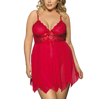

Women Plus Size Gauze Embroidered Gauze Lace Plus Size Sexy Red Dress Sleepwear