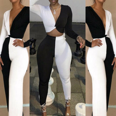 

Women&39s Color Block Two Piece Sets Deep V Neck Long Sleeve Insert Twisted Crop Top High Waist Long Pant Jumpsuits Set Blac