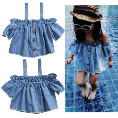 

Fashion Kids Baby Girls Denim Casual Ruffles Off Shoulder Blouse Tops T-Shirt