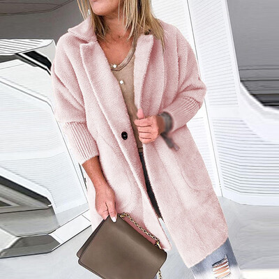Womens Casual Long Sleeve Lapel Collar Cardigan Solid Loose Button Outwear Coat
