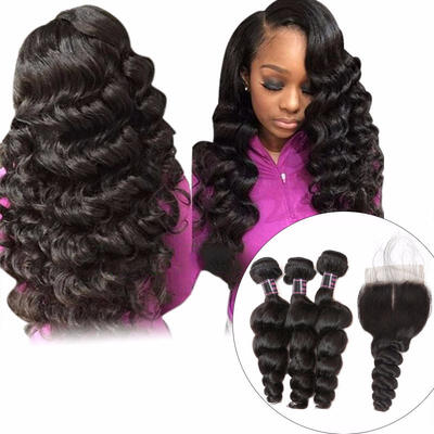 

Peruvian Loose Wave Human Hair Bundles With Closure 44 Inch Free Part Closure With Baby Hair Non Remy Hair Extensions