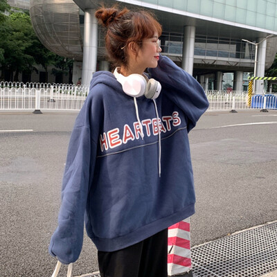 

Women "HEARTBEATS" Long Sleeve Sweatshirt Front Reflective Striped Hooded Tops 2019 Autumn Winter Loose Pullovers Casual Tops