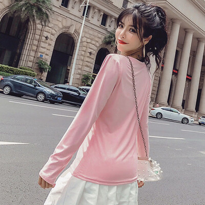 

Solid Colors Korean Style Women T-shirts O Neck Cotton Blend Tshirt Long Sleeve Loose T Shirt harajuku