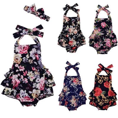 

Summer Baby Girl Floral Ruffle Romper Jumpsuit Sunsuit Headband Outfits Clothes
