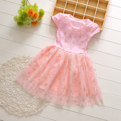 

Summer Casual Baby Girls Short Sleeve Dress with Lace Star Design Kids Toddler Pageant Princess Mesh Sundress