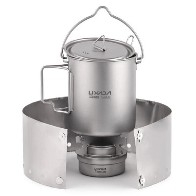 

5pcs Outdoor Camping Cookware Set 750ml Pot Alcohol Stove Cross Stand Rack with Foldable Spork&Windscreen