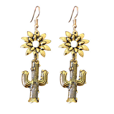 

Vintage Sunflower Cactus Faux Turquoise Inlaid Plant Pendant Women Hook Earrings