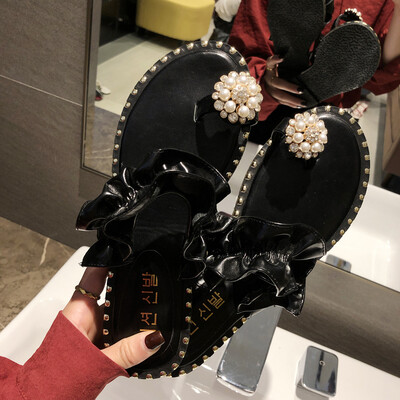 

Summer Korean version of 100 lotus edge pearl water drill toe flat slippers ins port wind out of the tide