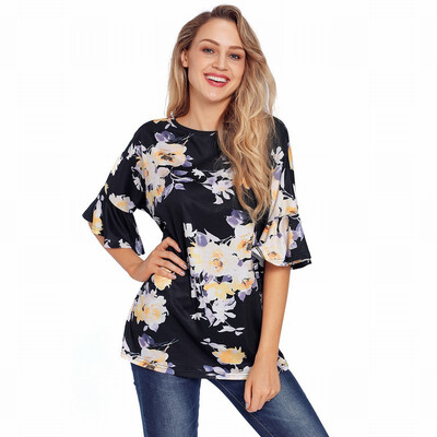 

Round neck cropped sleeve bohemian print loose tops womens