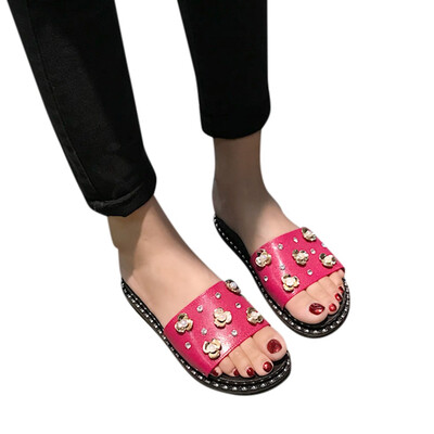 

Rose Womens Flat Sandals Sequins Rhinestones Flowers Increased Non-Slip Slippers