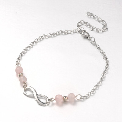 

Fashion Tibetan Style Alloy Infinity Anklets with Rose Quartz Beads Zinc Alloy Lobster Claw Clasps&Iron Chains Antique Silv