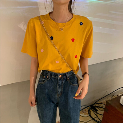 

Solid Floral Print Tee Top Women O-Neck Short Sleeve Short T-Shirts Ladies Pullover Loose T-Shirt Femme