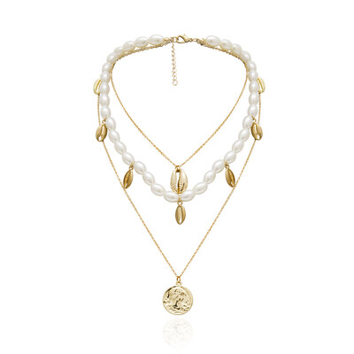 

Luxury ZA 2019 Pearl Coin Choker Necklace Women Gold Color Bead Shell Pendant Necklace Statement cowrie Collar Fashion Jewelry