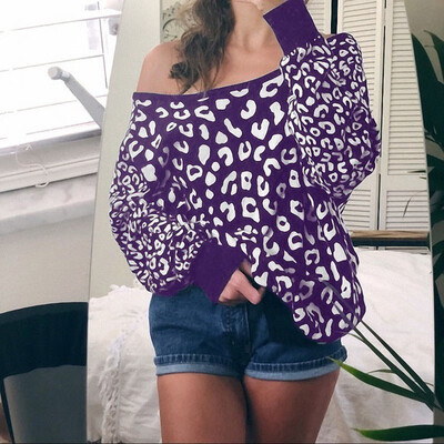 

Fashion Casual Women Oblique collar Strapless shoulder Sexy Leopard Printing Loose Sweatshirt