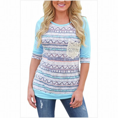 

Round neck cropped sleeves Lagrand lace pocket print striped casual top