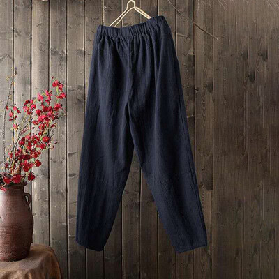 

Women Casual Cotton Linen Ruffle Waist Retro Wide Leg Pants Loose Trousers Haren