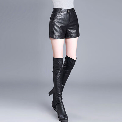 

Her pool womens 2018 autumn&winter new short paragraph leather pants leggings high waist large size outside wearing ladies pants T83H1948A10M black M