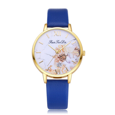 

FanTeeDa Brand Women Print Big Dial Watch Ladies Leather Quartz Watches Gold Color Flower Dress Wristwatch Female 533