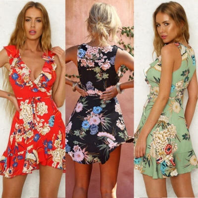 

Summer Boho Women Holiday V Neck Frilled Mini Casual Beach Floral Party Sundress  M L XL