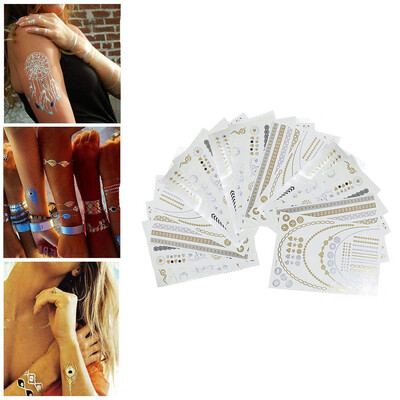 

〖Follure〗Tattoo Waterproof Metallic Temporary Tattoo 16sheets in Gold Silver Sticker Body Fake Jewelry Tattoos Over 200 Designs