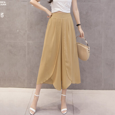 

Tailored Women Summer Solid Chiffon Flare Elastic High Waist Wide Leg Pants Plus Size
