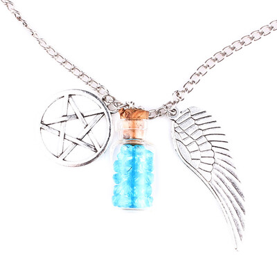 

Handmade Movie Supernatural Pentacle Angel Wings Wishing Bottle Guardian Series Silver Color Necklace Jewelry