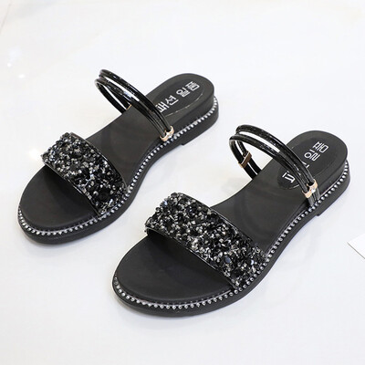 

Womens sandals Korean version of Baitao Student Flat Bottom One Word Strip Womens Shoes Simple One Shoe Two Sandals